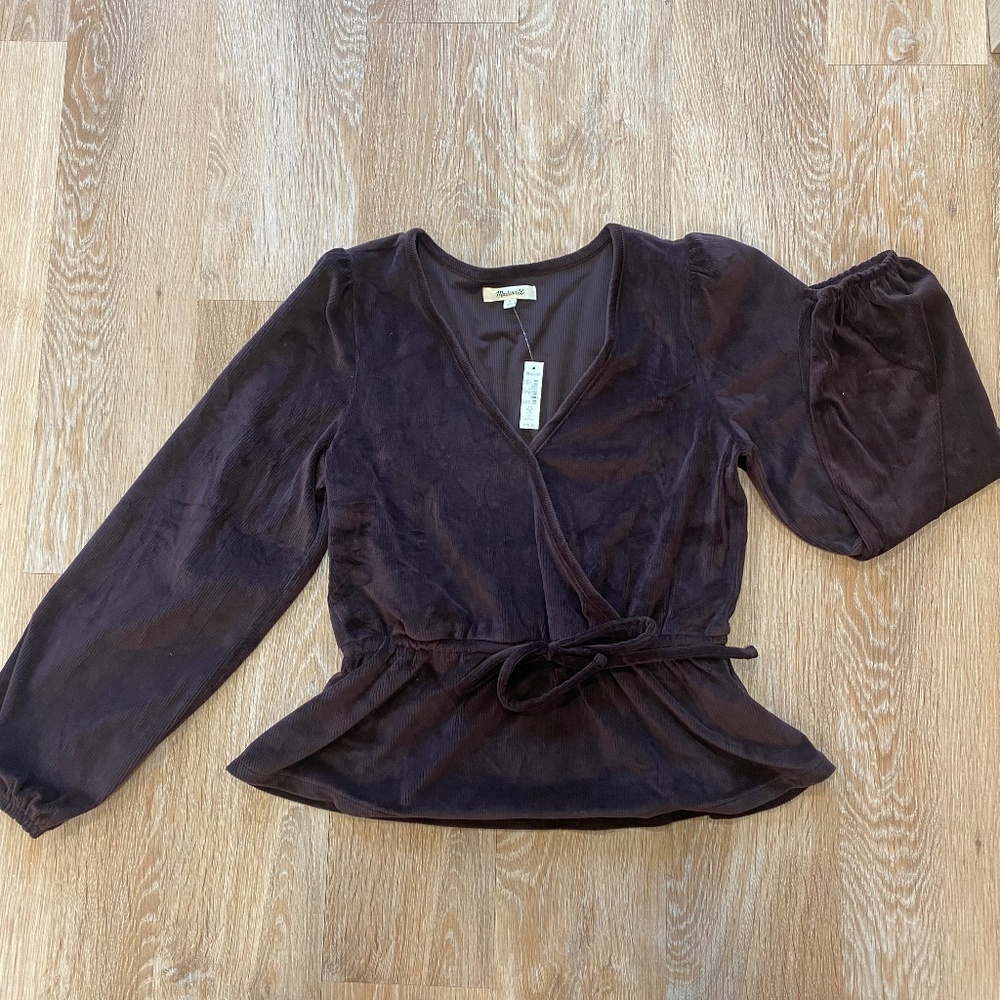 Madewell Corduroy Tie-Front Faux-Wrap Top Dark Purple